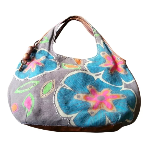 Fossil Floral Embroidered Leather Trim and Fabric Summer Women's Tote Bag - Picture 6 of 8